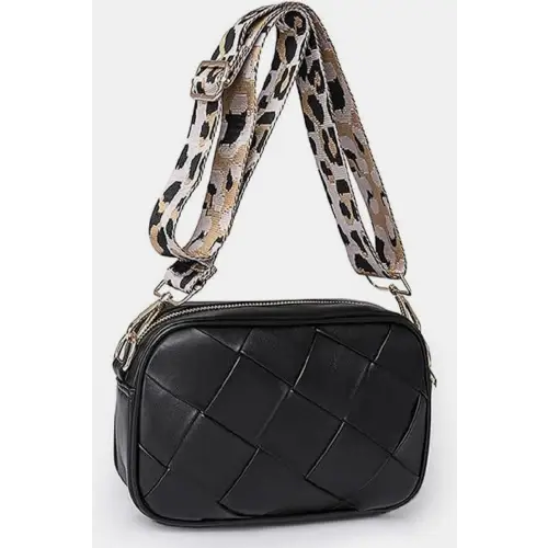 Chic Cassette Woven Crossbody Bag with Leopard Print Strap