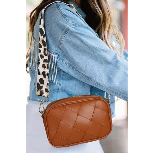 Chic Cassette Woven Crossbody Bag with Leopard Print Strap