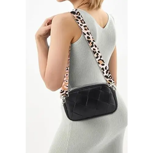 Chic Cassette Woven Crossbody Bag with Leopard Print Strap