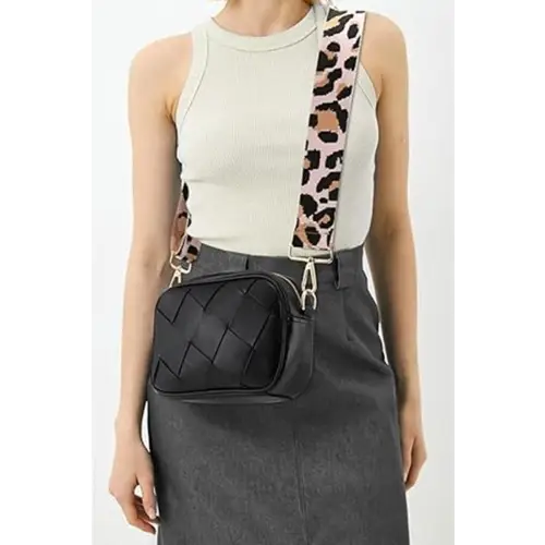 Chic Cassette Woven Crossbody Bag with Leopard Print Strap