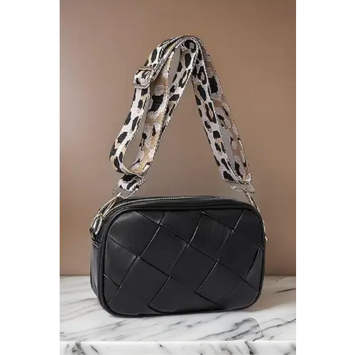 Chic Cassette Woven Crossbody Bag with Leopard Print Strap