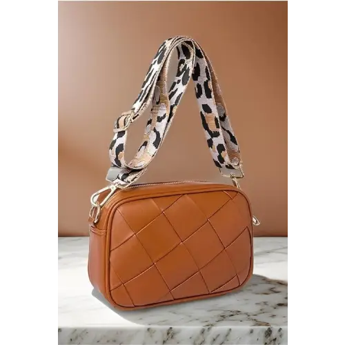 Chic Cassette Woven Crossbody Bag with Leopard Print Strap Caramel One Size
