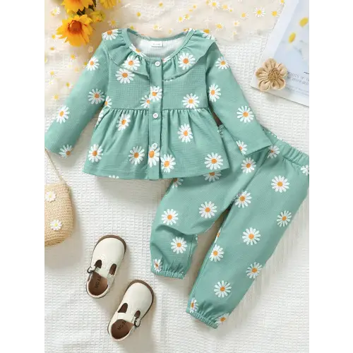 Ruffled Peplum Blouse & Pants Set