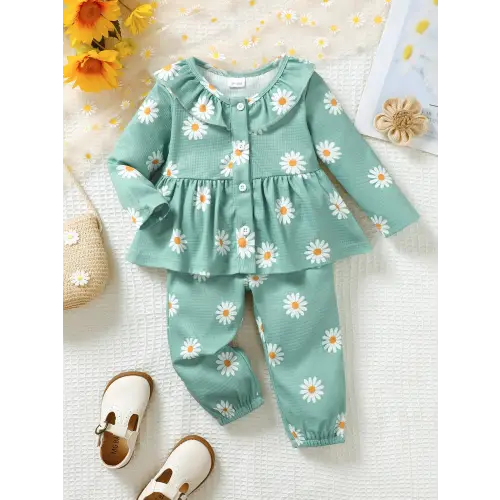 Ruffled Peplum Blouse & Pants Set