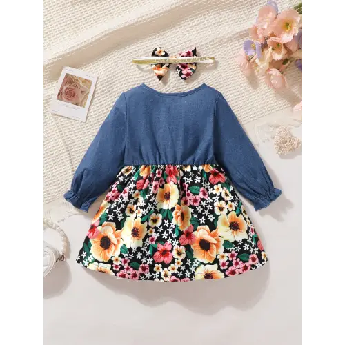 Floral Ruffled Dress Set with Bow Headband