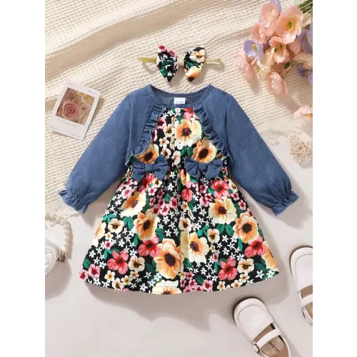 Floral Ruffled Dress Set with Bow Headband