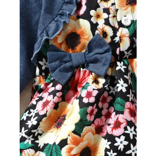 Floral Ruffled Dress Set with Bow Headband