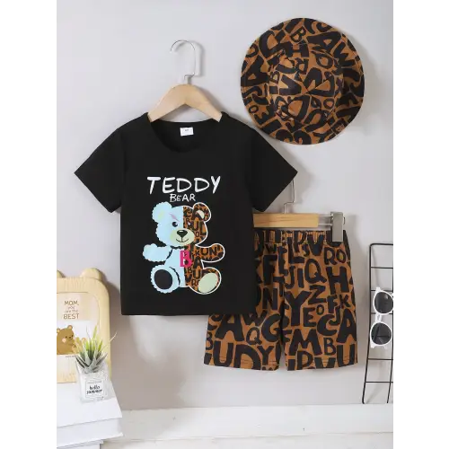 Teddy Bear Round Neck Three-Piece Baby Outfit Set Black