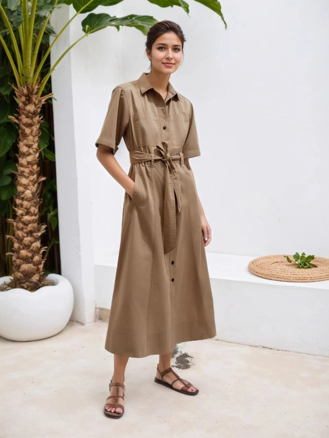 Classy Belted Khaki Dress