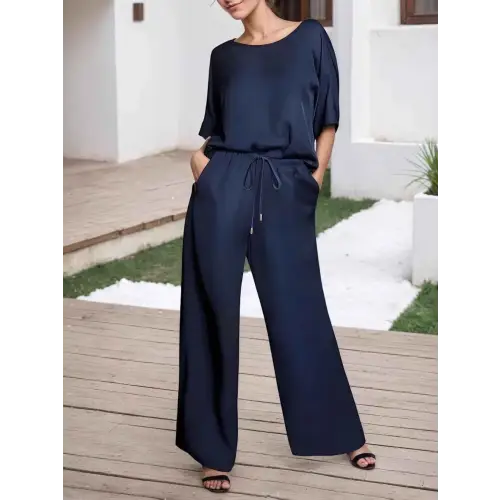 Comfortable Women's Drawstring Pocketed Two-Piece Set for Casual Everyday Wear Navy Blue