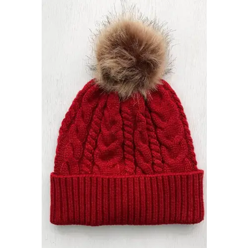 Innovative Cable-Knit Pompom Hat Scarlet One Size