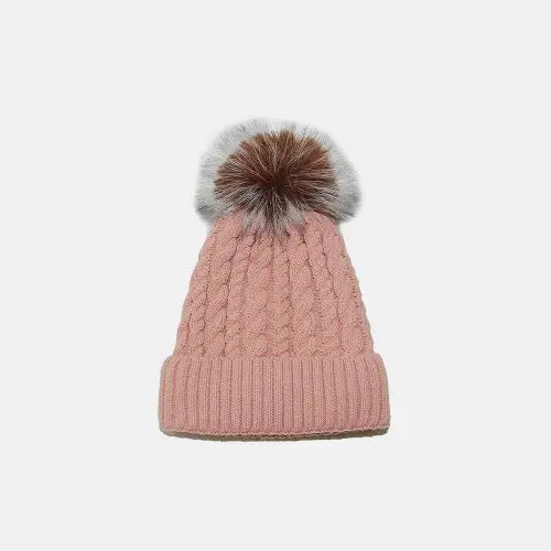 Fluffy Pompom Knit Hat Dusty Pink One Size