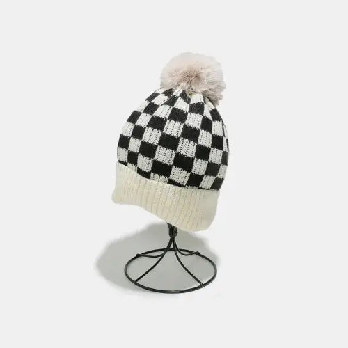 Checkered Knit Hat Ivory One Size