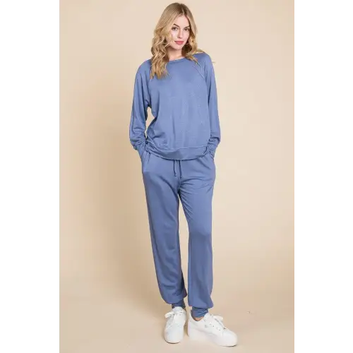 Super Lady Style Round Neck Raglan Lounge Set Powder Blue