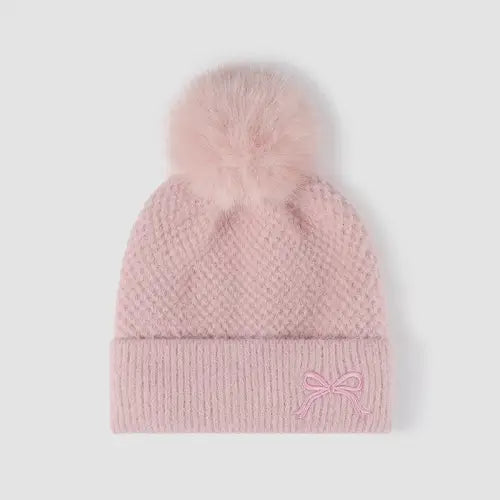 Thermal Bow Knit Hat Pink One Size
