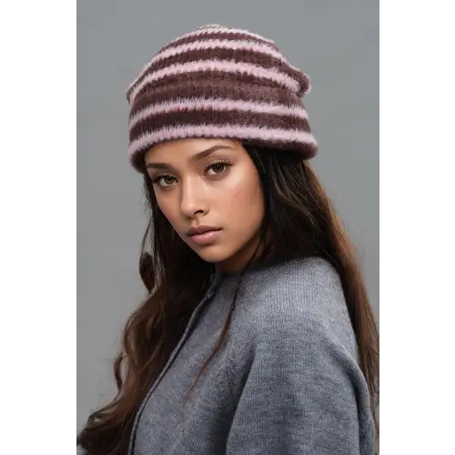 Fuzzy Contrast Striped Thermal Hat