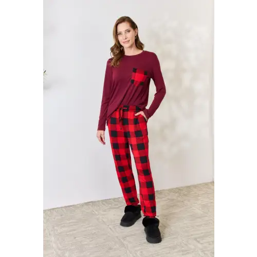 Cozy Full Size Plaid Round Neck Pants Pajama Set