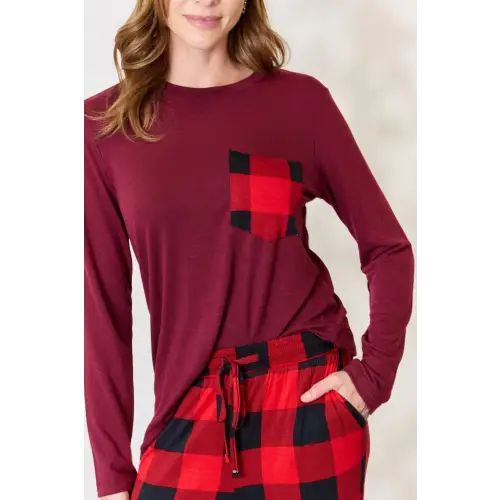 Cozy Full Size Plaid Round Neck Pants Pajama Set