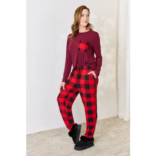 Cozy Full Size Plaid Round Neck Pants Pajama Set