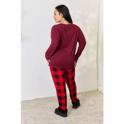 Cozy Full Size Plaid Round Neck Pants Pajama Set