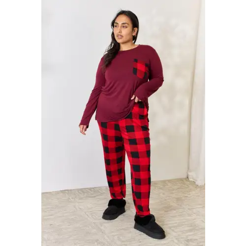 Cozy Full Size Plaid Round Neck Pants Pajama Set