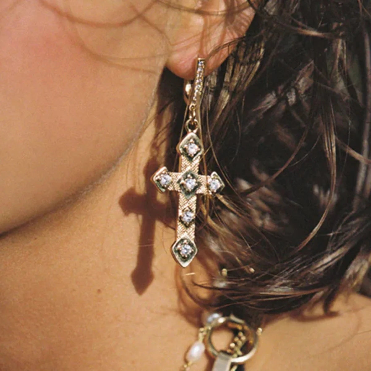 Cross Gemstone-Inlaid Earrings