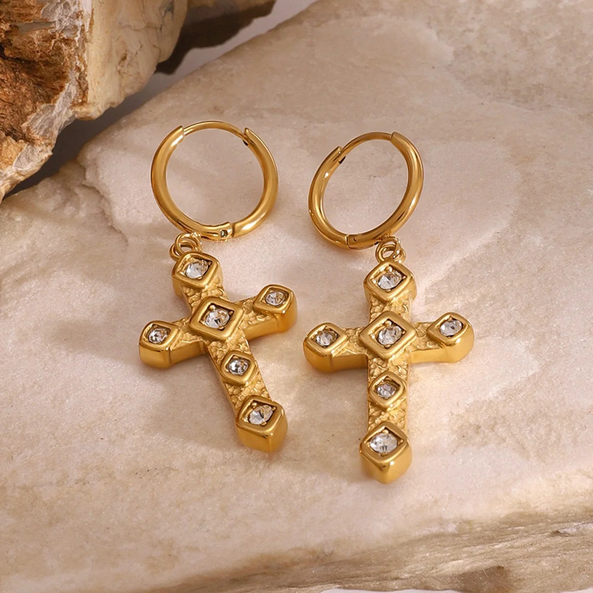 Cross Gemstone-Inlaid Earrings