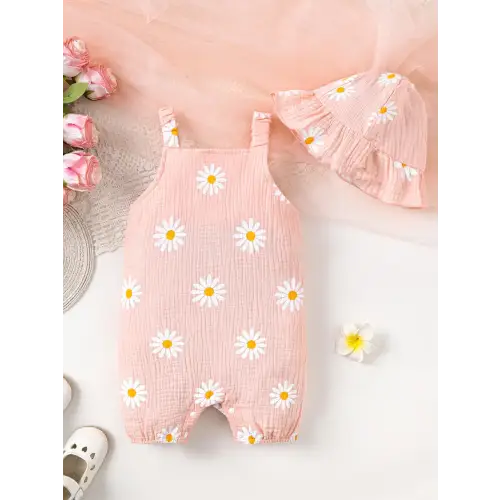 Daisy Textured Wide Strap Romper for Babies in Soft Cotton Watermelon pink