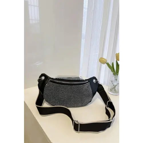 Dazzling Black Rhinestone Leather Sling Bag