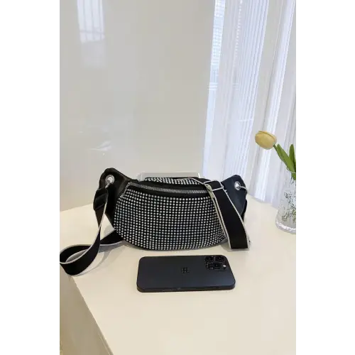 Dazzling Black Rhinestone Leather Sling Bag