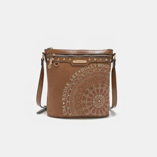 USA Embroidery Rhinestone Crossbody Bag Brown One Size