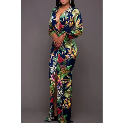 Dazzling Printed Plunge Neck Leg Split Maxi Dress