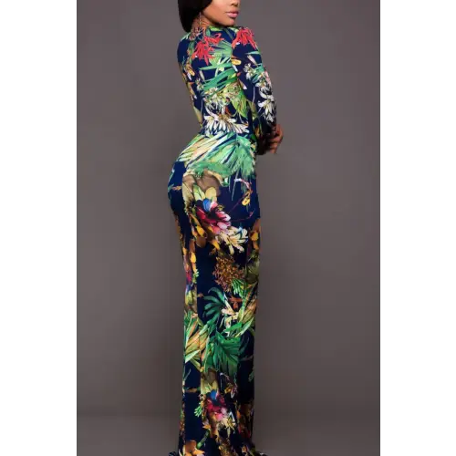 Dazzling Printed Plunge Neck Leg Split Maxi Dress