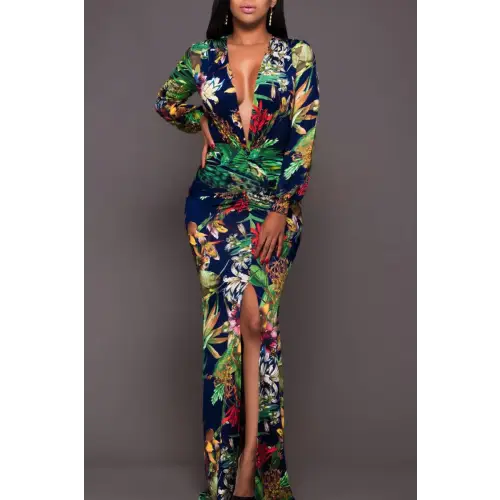Dazzling Printed Plunge Neck Leg Split Maxi Dress Multicolor Print