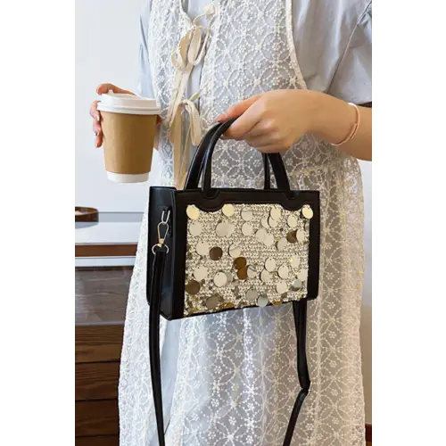 Dazzling PU Leather Sequin Handbag Shimmers in Black and Gold Black One Size