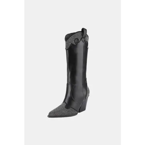 Dazzling Chunky Heel Rhinestone Western Boots Black