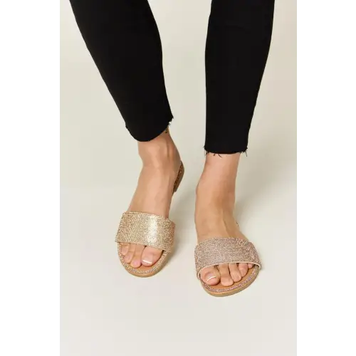 Dazzling Rhinestone Open Toe Gold Slide Sandals