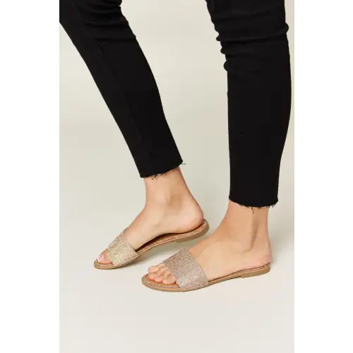 Dazzling Rhinestone Open Toe Gold Slide Sandals