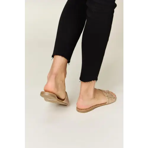 Dazzling Rhinestone Open Toe Gold Slide Sandals