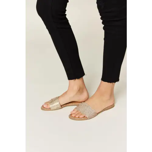 Dazzling Rhinestone Open Toe Gold Slide Sandals