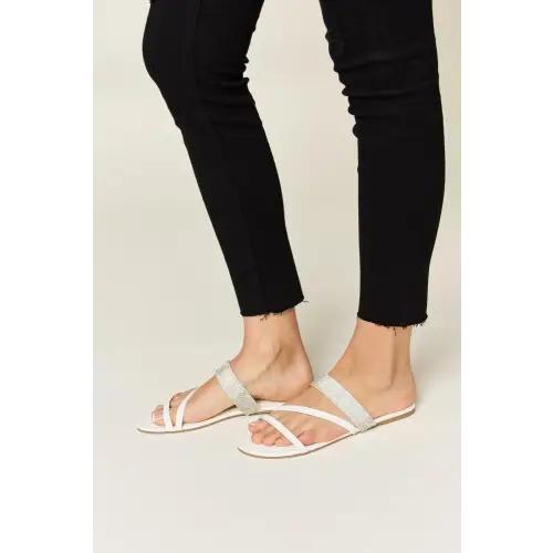 Dazzling Rhinestone Strappy Flat Sandals White