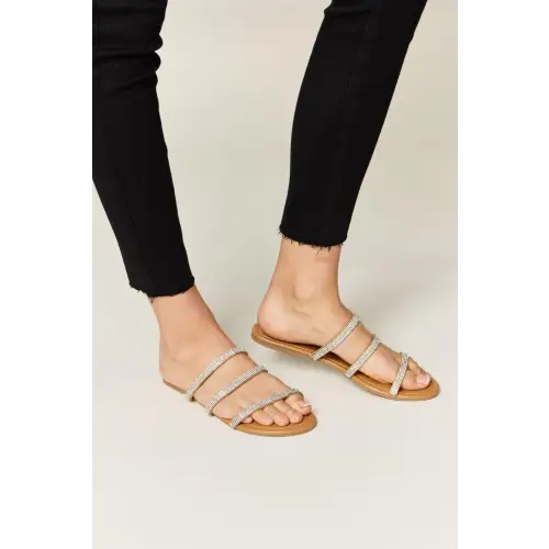 Dazzling Rhinestone Three-Strap Flat Sandals