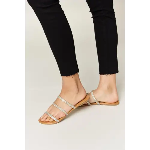 Dazzling Rhinestone Three-Strap Flat Sandals