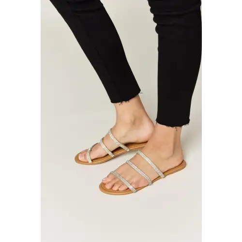 Dazzling Rhinestone Three-Strap Flat Sandals