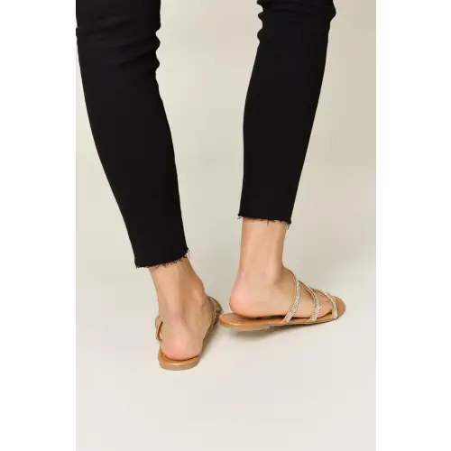 Dazzling Rhinestone Three-Strap Flat Sandals