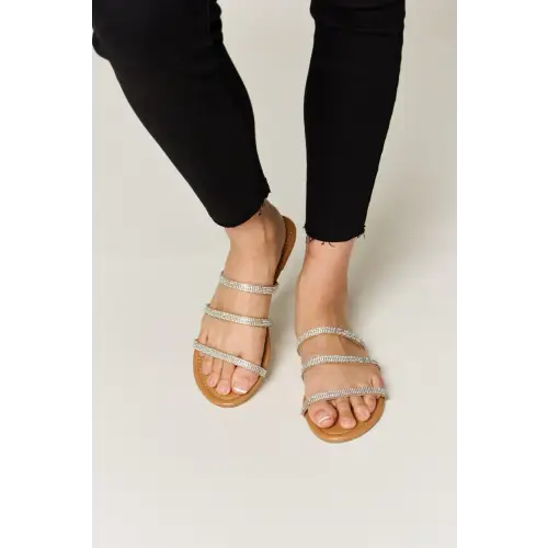 Dazzling Rhinestone Three-Strap Flat Sandals TAN