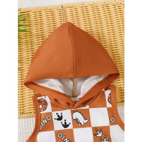 Dinosaur Checkered Sleeveless Hooded Outfit for Babies and Toddlers