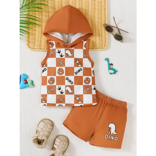 Dinosaur Checkered Sleeveless Hooded Outfit for Babies and Toddlers Terracotta