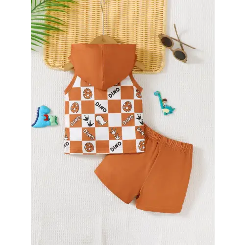 Dinosaur Checkered Sleeveless Hooded Outfit for Babies and Toddlers