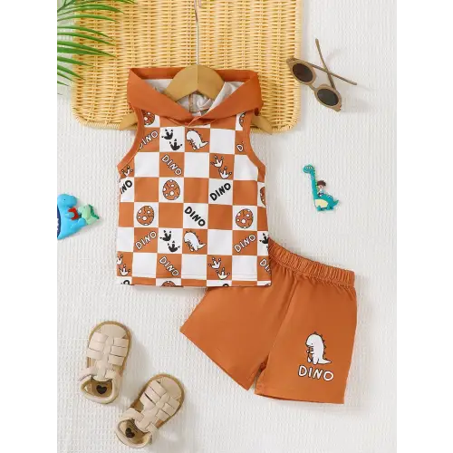 Dinosaur Checkered Sleeveless Hooded Outfit for Babies and Toddlers